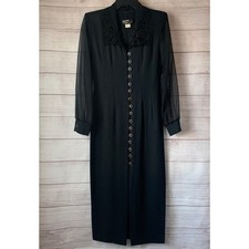 Vintage Dawn Joy Fashions Black Formal Dress Button Up Front Tie Back Size 3/4