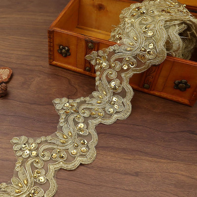 Vintage Gold Beaded Lace Trim 3D Sequined Metallic Ribbon for Bridal Gown Altera