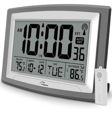 Atomic Clock with Indoor Outdoor Temperature, Self-Setting Digital Wall Clock