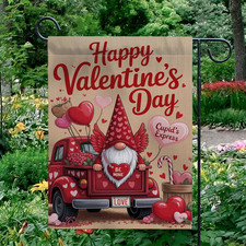Happy Valentine's Day Garden Flag Gnome Red Truck Cupid's Express Yard Decor