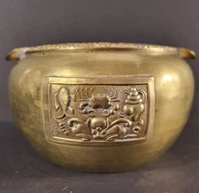 Vintage Brass Pot Shape Ashtray Sea Life Motif Tin Lined Marked China 3" tall