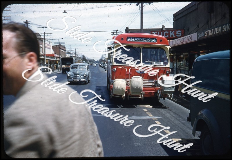 New Zealand Bus Street Scene Signs 35mm Slide 1950s Kodachrome Baby Strollers