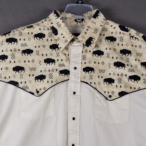 Camisa Occidental Ajustada Panhandle Para Hombres 2XL Búfalo Estampado Tribal Perla A Presión Marfil Tostado - Imagen 2 de 8