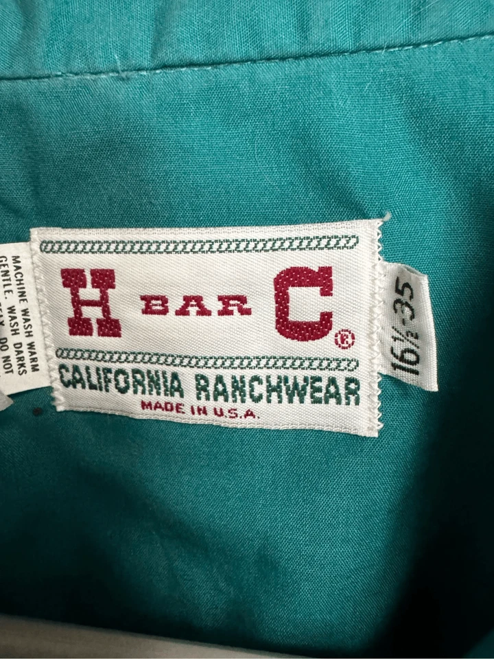 Camisa H Bar C Western Talla 16 1/2 - 35 Perla Broches Manga Larga Verde Azulado Hecha I Foto 3 de 3