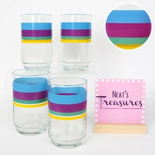 70's Libbey Crisa Pastel Stripe Clear Glass Ice Tea 16oz Tumbler Glasses Set 4