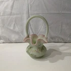 Fenton Hand Painted Art Glass Decorative Basket Green Pink Floral Round 2950
