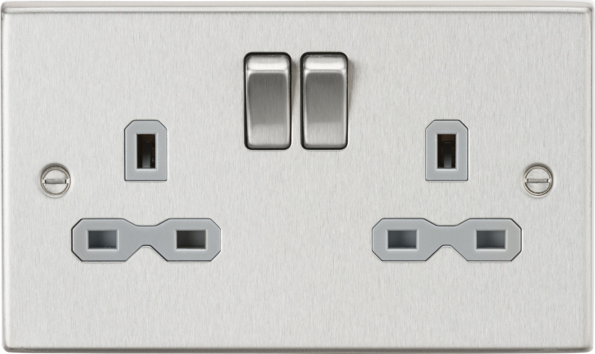 Knightsbridge 13A 2G DP Switched Socket with Grey Insert Square Edge Brushed