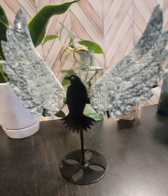 Carved Tree Agate Hawk / Eagle Wings With Stand