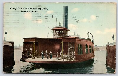 Camden New Jersey~Ferry Boat ''Camden'' Leaves Dock~Crew Lean on Gate~1913 PC