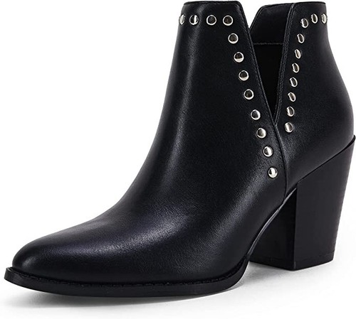 Rilista Women 6 Ankle Boots Cutout Pointed Toe Chunky Block Mid Heel Black - Picture 4 of 10