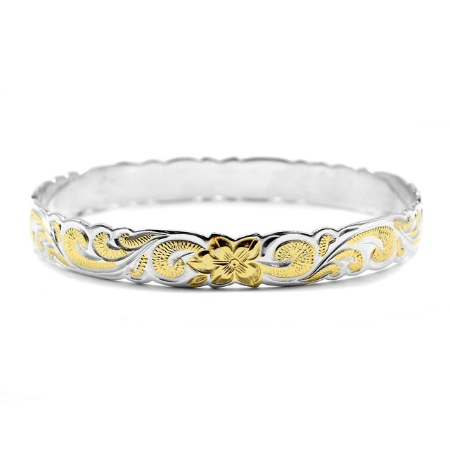 925 Sterling Silver Hawaiian Bangle 6mm Bracelet Plumeria Engraved
