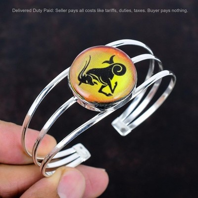 Sterling Silver Capricorn Zodiac Sign In Onyx Gemstone Trendy Unique Wife Bangle