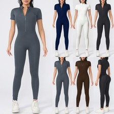 Women Sports Gym Yoga Jumpsuit Zip V Neck Slim Fit Unitard Bodysuit Pants Romper