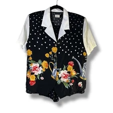 Jessica Stevens Womens Sz Medium Two Piece Set Blouse Shorts Polka Dot Gardening