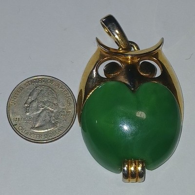  Vintage Crown Trifari Green Lucite Owl Pendant, Faux Jade Jelly Belly 1960s