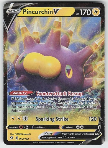 Pincurchin V 072/192 Holo Ultra Rare Rebel Clash Pokemon NM