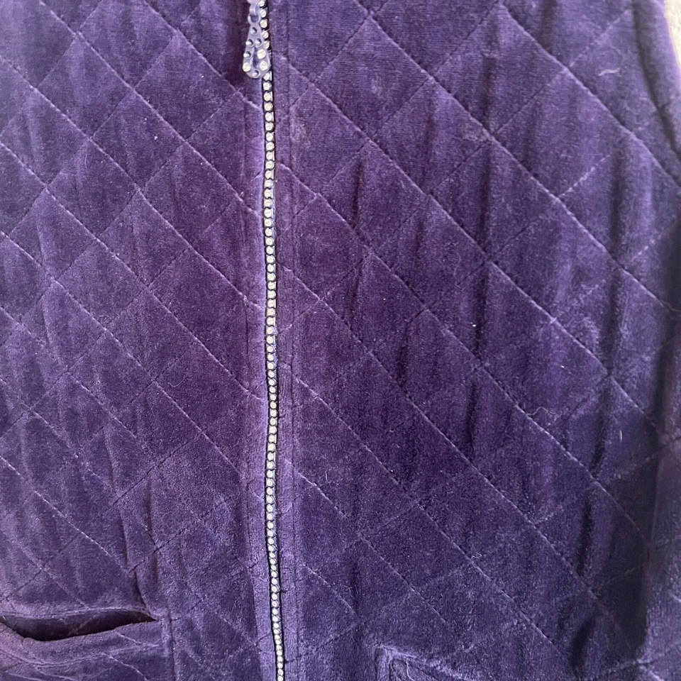 Peck & Peck Relaxed Womens Sz M Purple Velvet Quilted Vest Rhinestone Zipper - Image 2 of 4