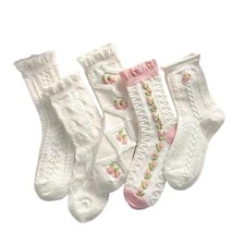 5 Pcs White Cute Socks, Women's Lace Ruffles Ankle Casual Sock, Cottagecore