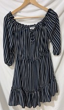 BB Dakota Off Shoulder Dress Size Small Navy Blue White Stripe Boho Ruffle Mini