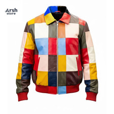 Men’s Multicolour Real Leather Patchwork Bomber Jacket Streetwear
