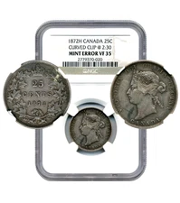 1872H Canada 25 Cents, MINT ERROR, Curved Clip @ 2:30 - Choice VF, NGC VF35