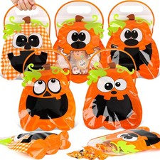 60 Pack Halloween Pumpkin Treat Bags with Handles  Zipper