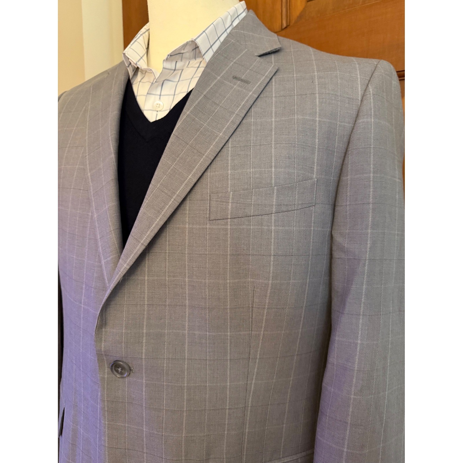Joseph Abboud Wool Sport Coat Mens 42R Gray Check Two-Button Blazer Jacket
