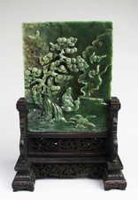 Antique Chinese Spinach Jade Table Screen with Wooden Stand