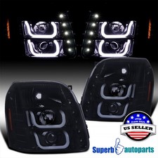 Fit 2007-2014 Gmc Yukon Denali Xl Led Black Halo Projector Headlights Smoke Lens