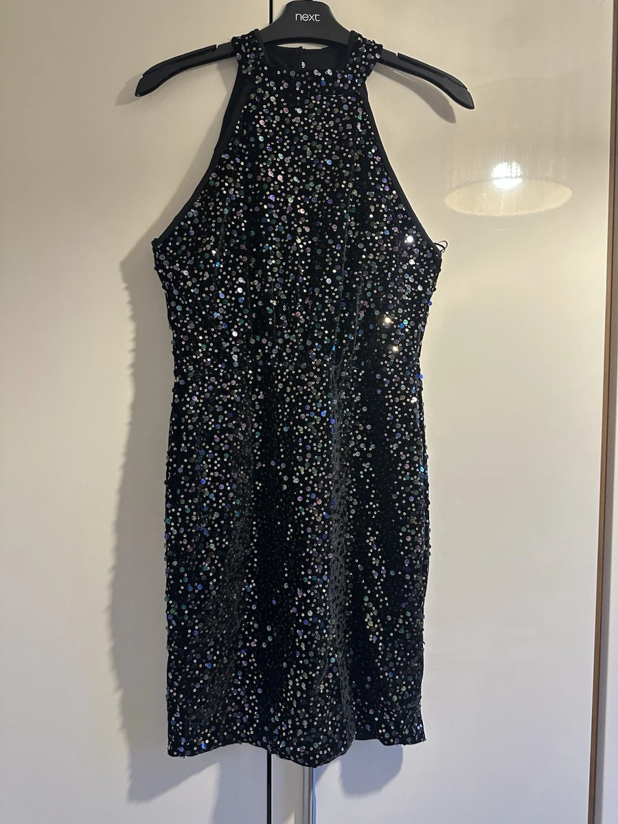 slim fit dress slacks LIPSY Black Gunmetal Sequin Cowl Halter Neck Midi Dress UK 10 – Reliked main image 0