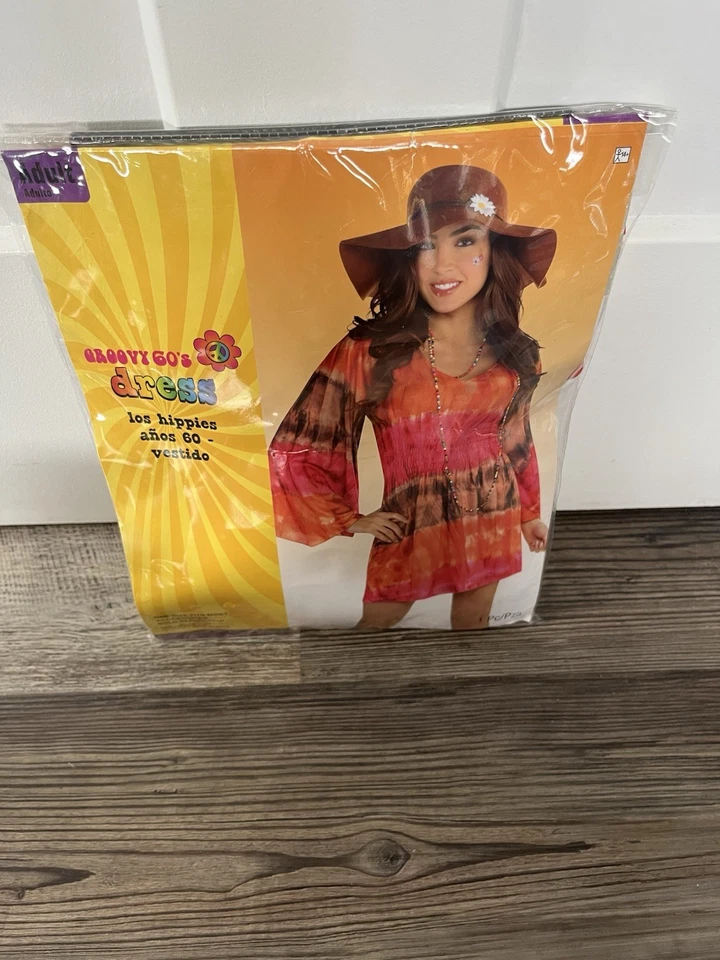 Nuevo en caja Vestido Groovy Años 60 Disfraz de Halloween Hippie Flor Sombrero Mujer OS Se Ajusta Como S/M Foto 2 de 4