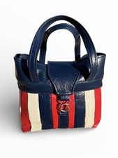Retro 1960s/70s Red, White Blue Striped Vinyl Mod Handbag in Geometric Design