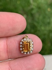 9ct Gold Citrine & Seed Pearl Vintage Cluster Pendant 1.3 Grams