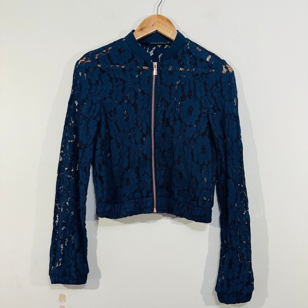 Portmans Bomber Jacket Lace Floral Navy Blue 6 Gold Zip Casual Elegant