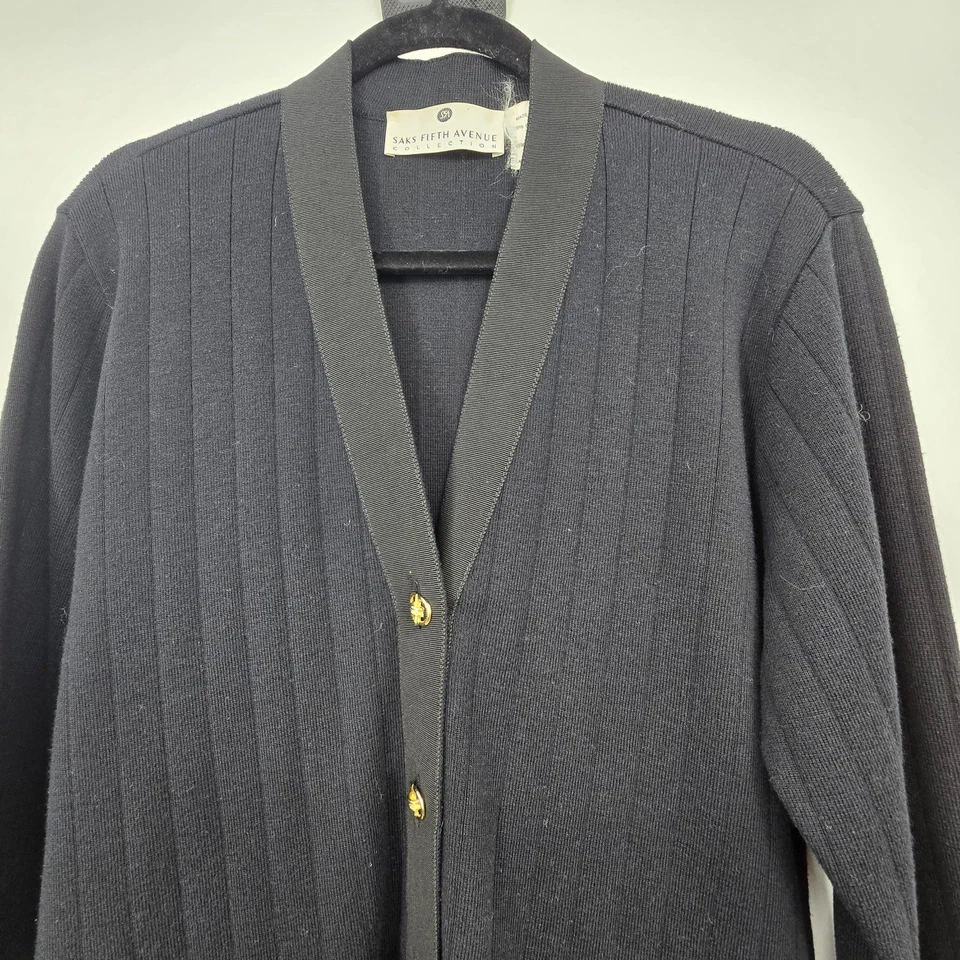 Vintage 80s 90s Saks Merino Wool Blazer Women M Black Gold Button Cardigan Italy - Image 4 of 4