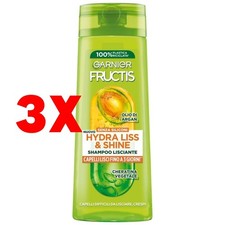 3 X Garnier Fructis Hydra Liss & Shine Shampoo Lisciante Capelli Ribelli 250 Ml