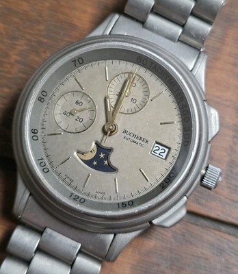 Vintage Mens Bucherer Automatic Chronograph Moonphase Titanium Case Watch