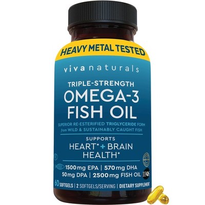 Omega 3 Fish Oil 2500mg Triple Strength 60 Softgels EPA DHA Viva Naturals Fatty