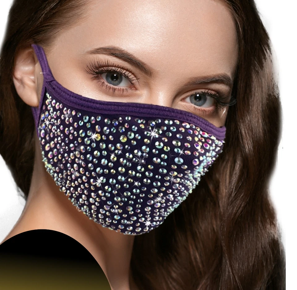 3 PACK Rhinestone Face Mask Large stones PURPLE, Beige, GRAY with filter pocket - Image 3 of 4