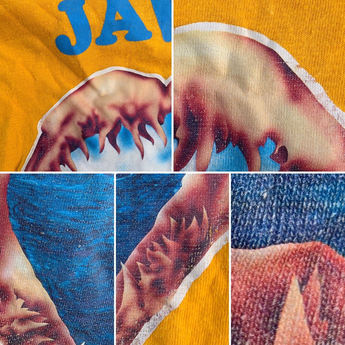 Vintage JAWS T-Shirt Yellow Mayo Spruce Single Stitch Iron Vintage JAWS T-Shirt Yellow Mayo Spruce Single Stitch Iron