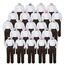 3pc Boy Baby Toddler Kid Formal White Shirt BROWN Pants Pick Color Bow Tie S-7