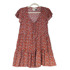 Urban Outfitters Brown Mini Dress Women Size XS Floral Button Tie Neck Ruffle