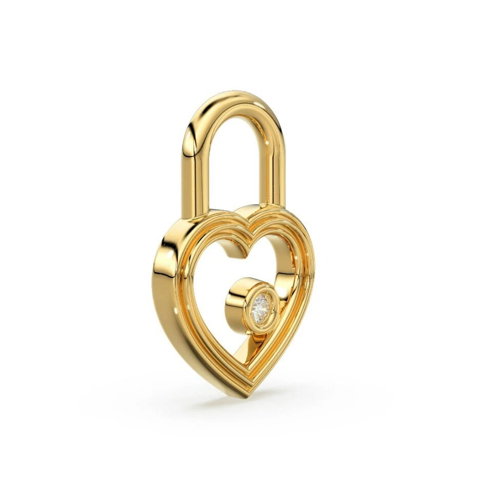 14K 纯金心形锁天然钻石小小饰品吊坠礼物。 — 第 2/4 张图片