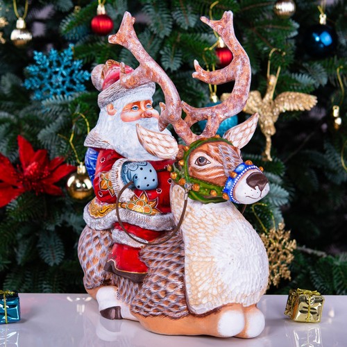 Wooden Carved Santa Figurine riding a Reindeer 12", Christmas home decoration - Picture 11 of 13