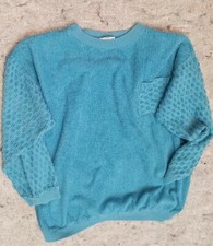 VTG Camelot Terry Cloth Sweatshirt Popcorn Sleeve Teal Blue Women L Made In USA