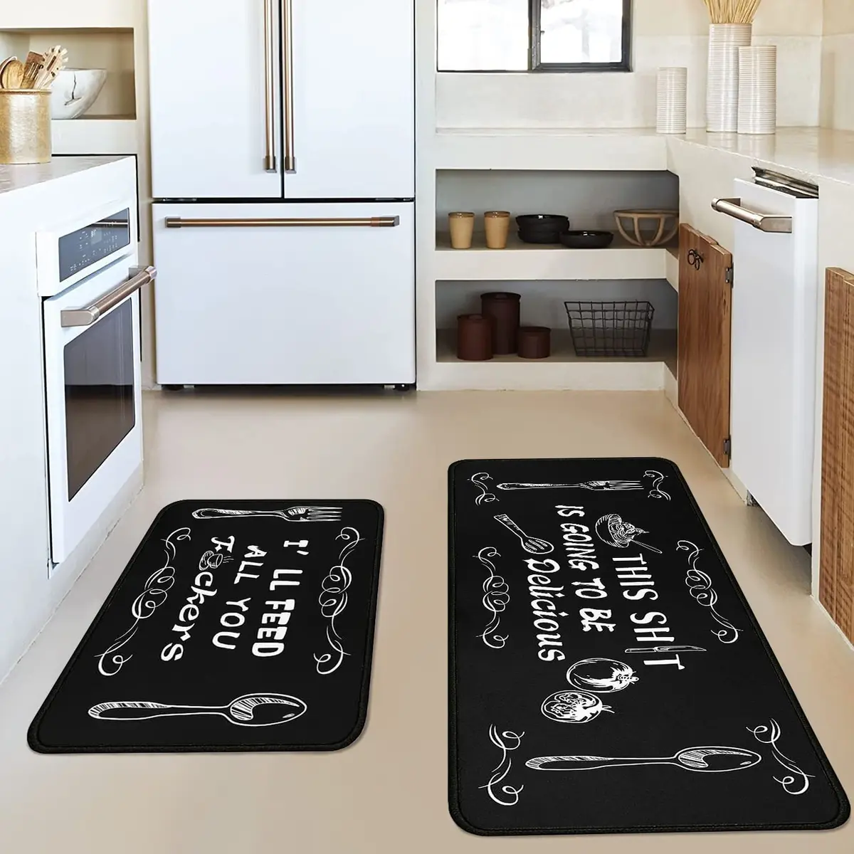 Sets of 2 Black Kitchen Rugs and Mats , Funny Kitchen Decoration