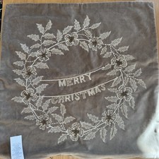 Pottery Barn Luxe Merry Christmas Wreath Pillow Taupe Beaded