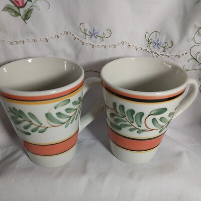 Pair Of Gibson Everyday China Orange Stripe Green Leaf Mugs - Main Image