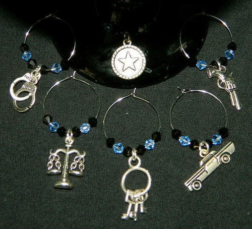 Police Wine Glass Charms Set of 6 Drink Markers THIN BLUE LINE NEW - Picture 3 of 3