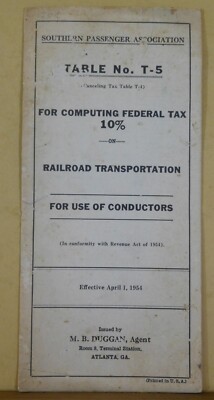 Southern Passenger Association Table #T-5 for Computing Federal Tax on RR Transp